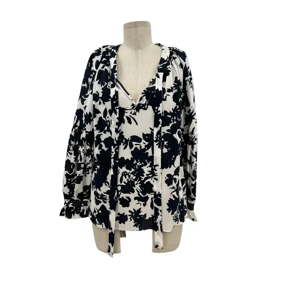 Marie Oliver White Navy Blue Floral Print Long Sleeve Silk Blouse Size Large